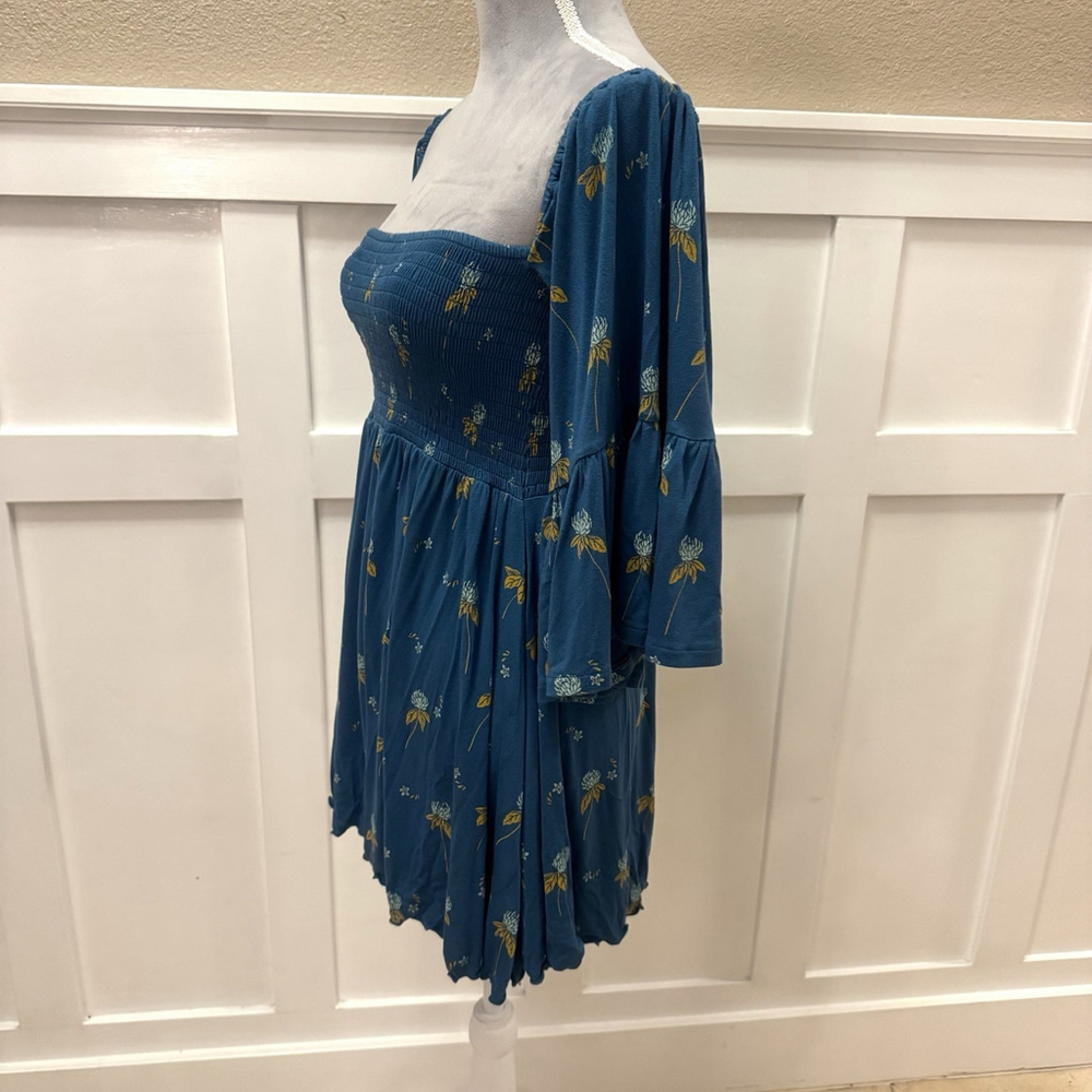 Free People Lana Tunic Top Blouse Size:S Off Shoulder Blue Floral Smocked Teal - Picture 12 of 12